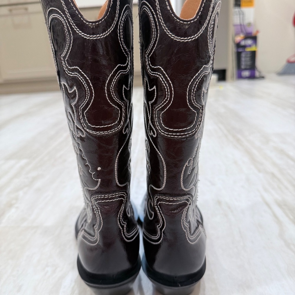 Ganni Dark Olive Egret Embroidered Western Boots Heart Stitching Size 40 - Picture 4 of 13
